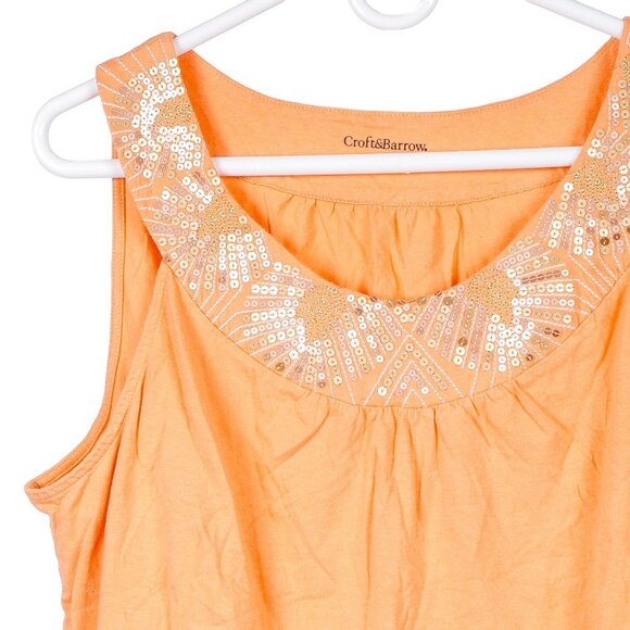 Croft & Barrow Sequin Tank XL Women Orange Gold RoundNeck Stitching Cotton Modal - Picture 2 of 5